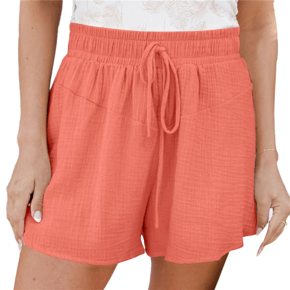 Women Wide Leg Shorts Drawstring Elastic High Waist Pure Color Breathable Summer Shorts Pink M