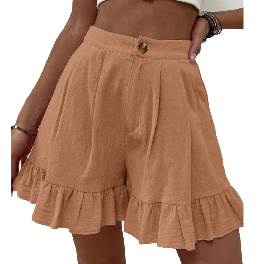 Women Summer Shorts Button Closure Ruffle Hem Wide Legs Casual Shorts for Daily Wear Khaki S