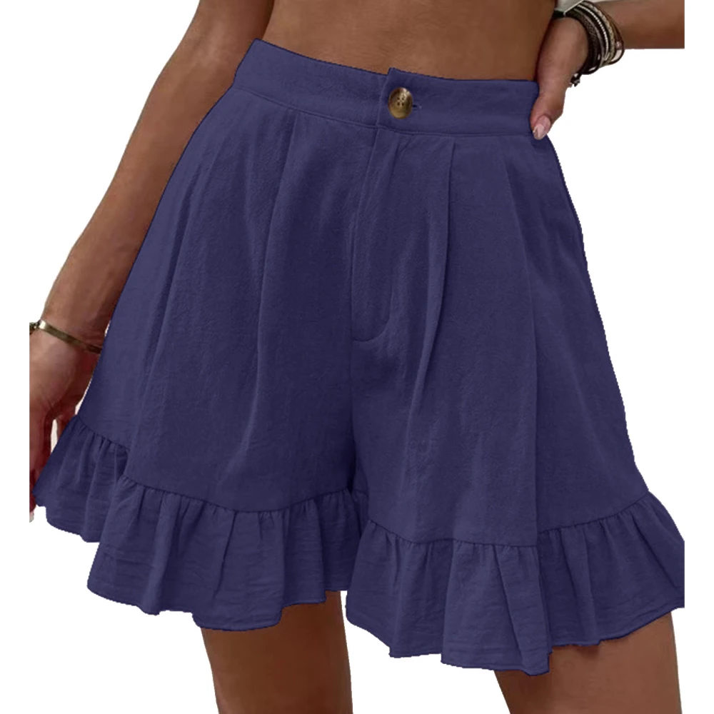 Women Summer Shorts Button Closure Ruffle Hem Wide Legs Casual Shorts for Daily Wear Purplish Blue M