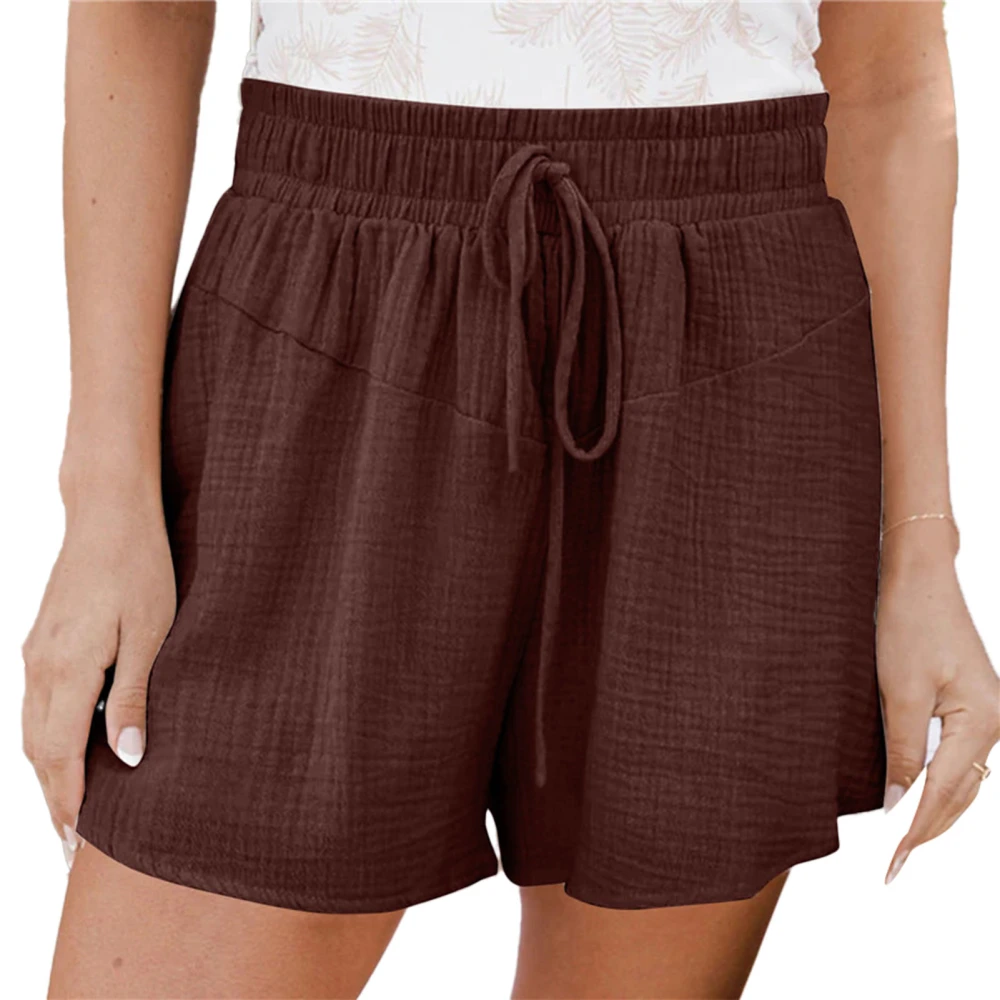 Women Wide Leg Shorts Drawstring Elastic High Waist Pure Color Breathable Summer Shorts Brown XL