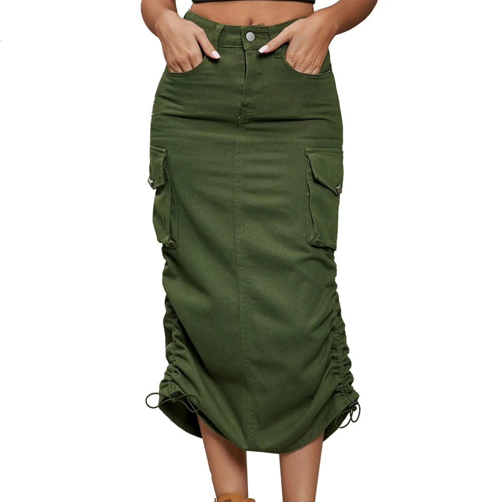 Women Drawstring Skirt with Large Pockets Pure Color Vintage Vintage Denim Skirt OD Green L