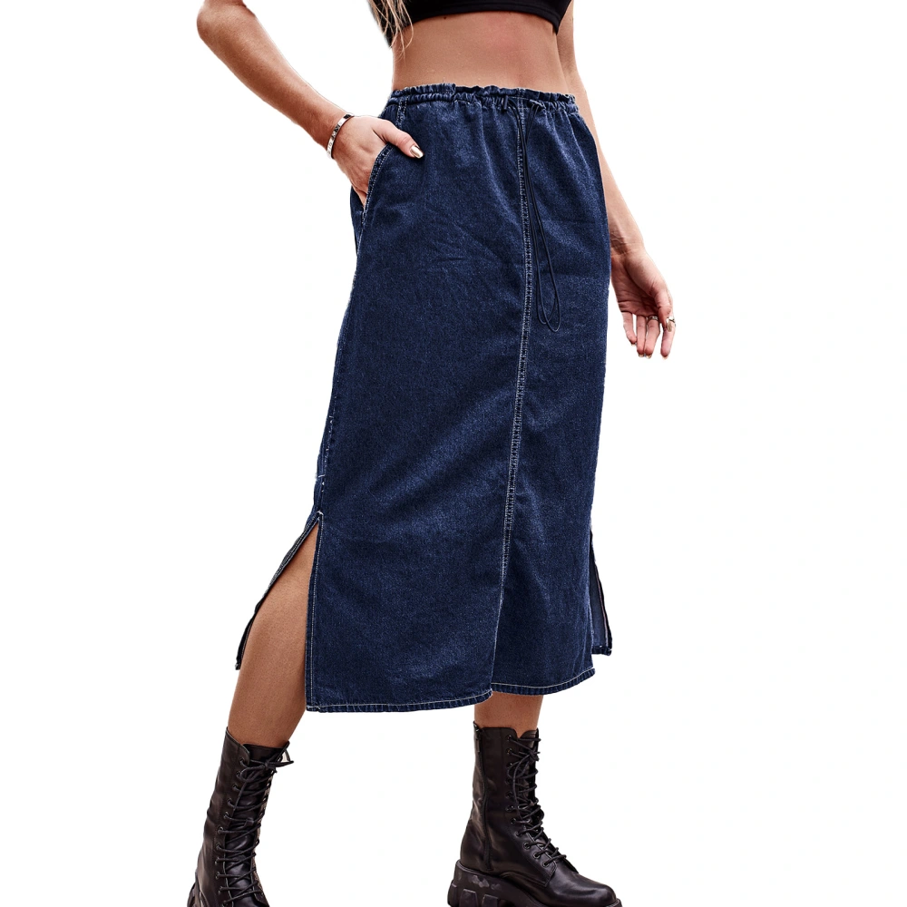 Denim Midi Skirt Elastic Waist Side Pocket Drawstring Split Denim Skirt for Women Dating Blue S