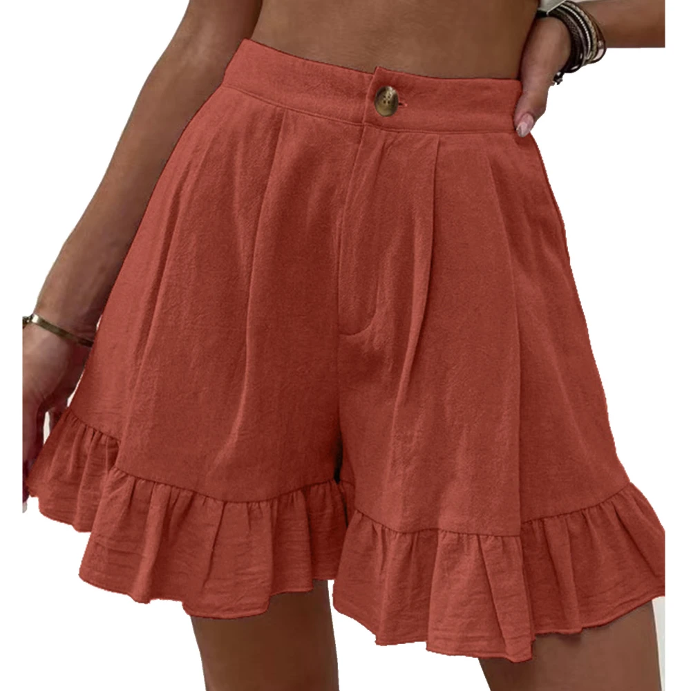 Women Summer Shorts Button Closure Ruffle Hem Wide Legs Casual Shorts for Daily Wear Brownish Red M