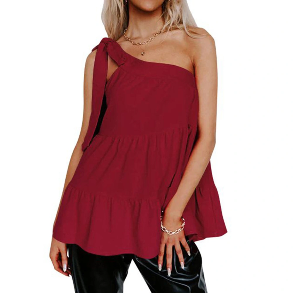 Women Sleeveless T Shirt Single Shoulder Strap Ruffle Hem Loose Type Summer Casual Top Wine Red XL