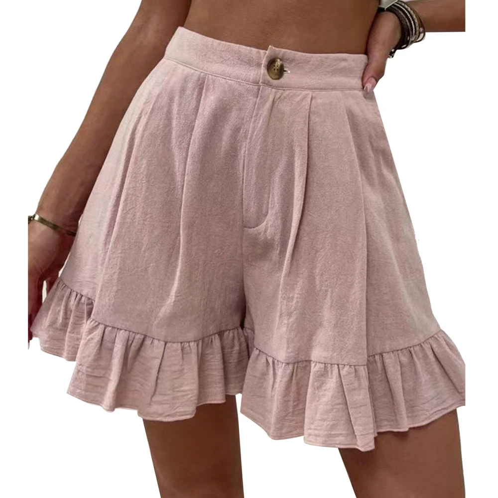 Women Summer Shorts Button Closure Ruffle Hem Wide Legs Casual Shorts for Daily Wear Pink XXL