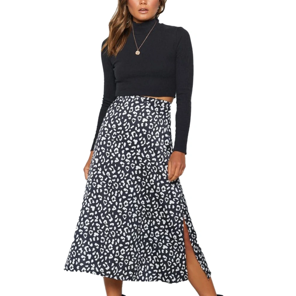 Leopard Print Midi Skirt High Waisted Side Split Zipper Chiffon Midi Skirt for Lady Girl Dating Party Black M