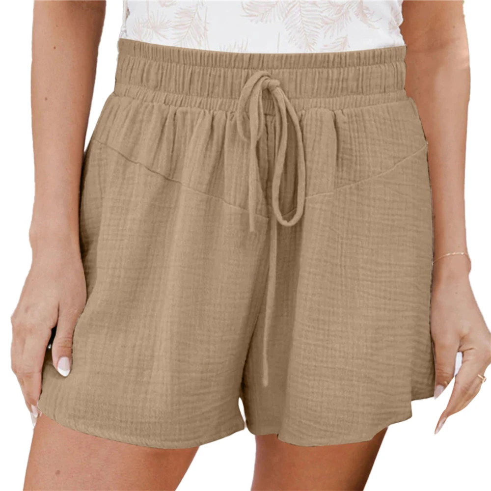 Women Wide Leg Shorts Drawstring Elastic High Waist Pure Color Breathable Summer Shorts Khaki XXL