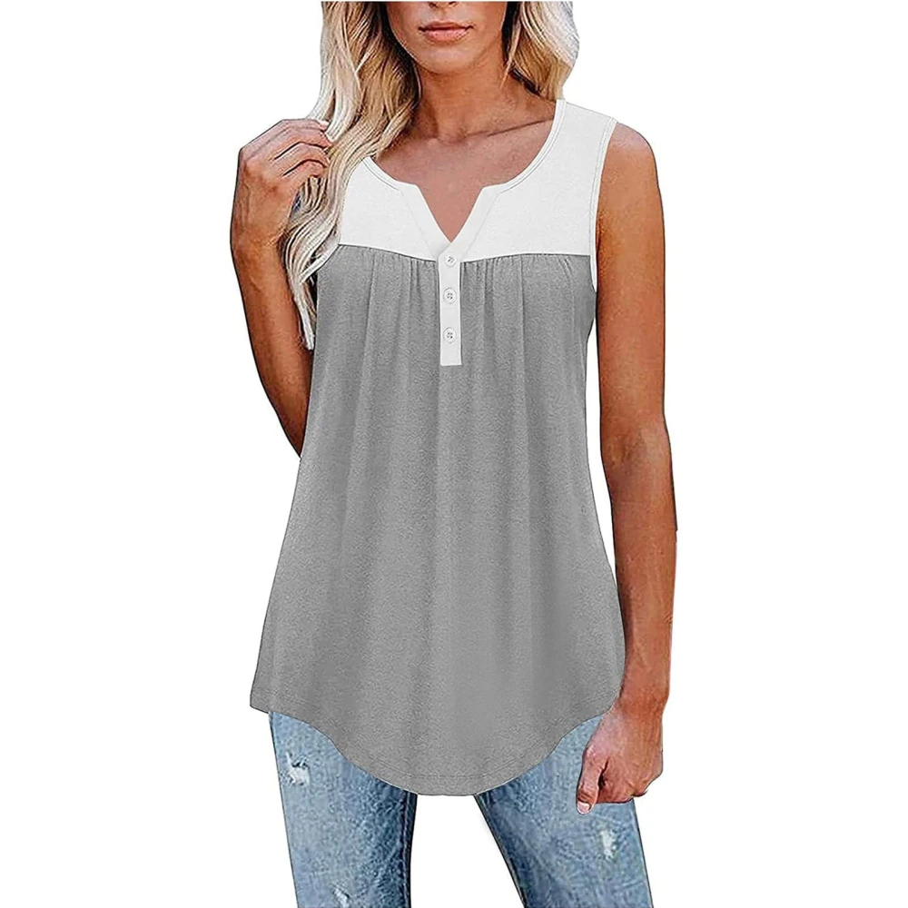 Summer Top V Neck Sleeveless Loose Hem Stitching Comfortable Casual Women Blouse for Work Office Light Gray S