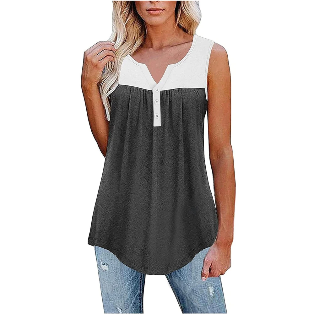 Summer Top V Neck Sleeveless Loose Hem Stitching Comfortable Casual Women Blouse for Work Office Dark Gray S