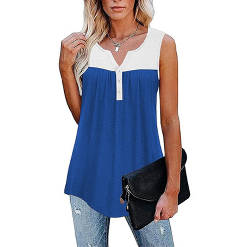 Summer Top V Neck Sleeveless Loose Hem Stitching Comfortable Casual Women Blouse for Work Office Blue L