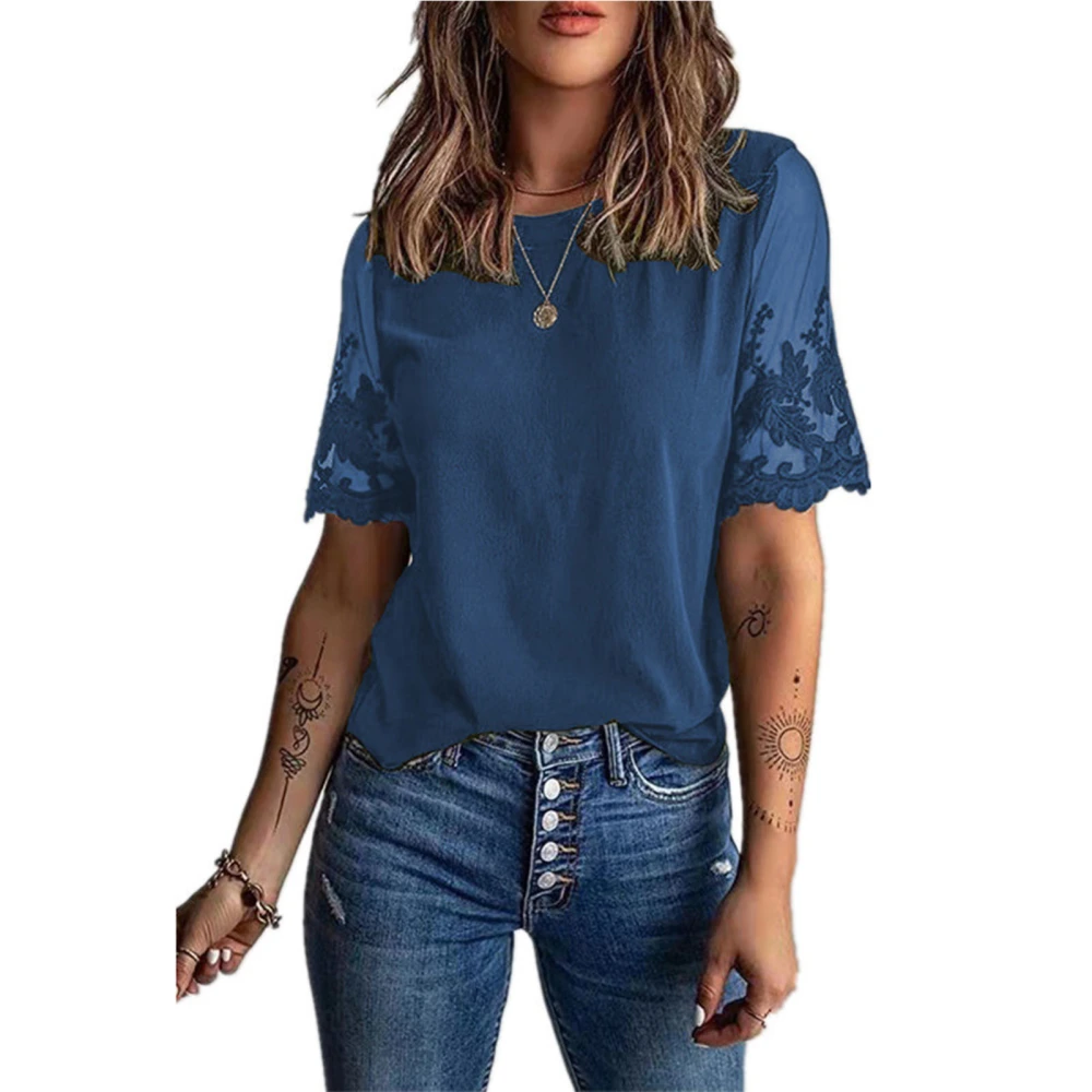 Women Short Sleeve Lace T Shirt Pure Color Fashionable Round Neck Plain Color Crewneck Lace Sleeve Blouse Blue XL