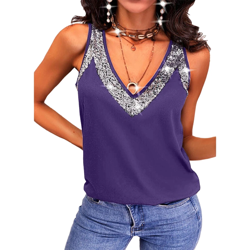 Women Tank Top V Neck Sleeveless Sequin Decoration Casual Cool Summer Sleeveless T Shirt Purple L