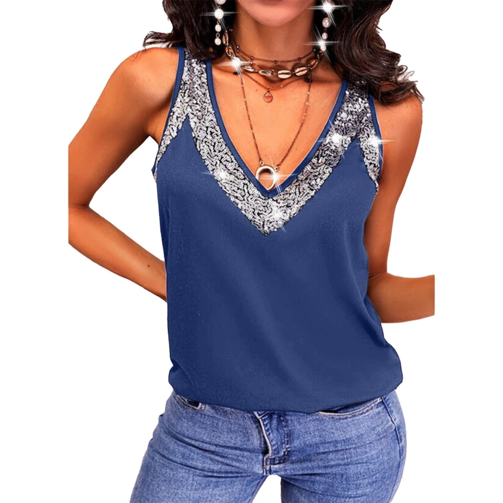 Women Tank Top V Neck Sleeveless Sequin Decoration Casual Cool Summer Sleeveless T Shirt Blue S