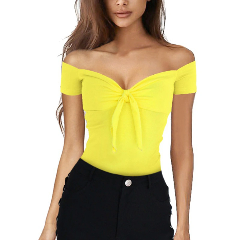 Women Off Shoulder Short Sleeve Top Pure Color Tie Front Slim Fit Trendy Women Summer Blouse Yellow L