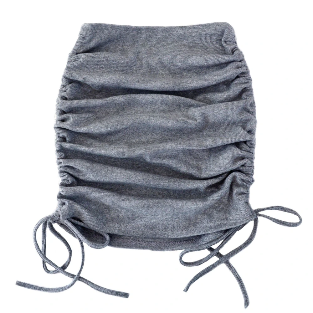 Women Ribbed Side Drawstring Ruched Stretchy Bodycon Pure Color Pencil Short Skirt Grey S