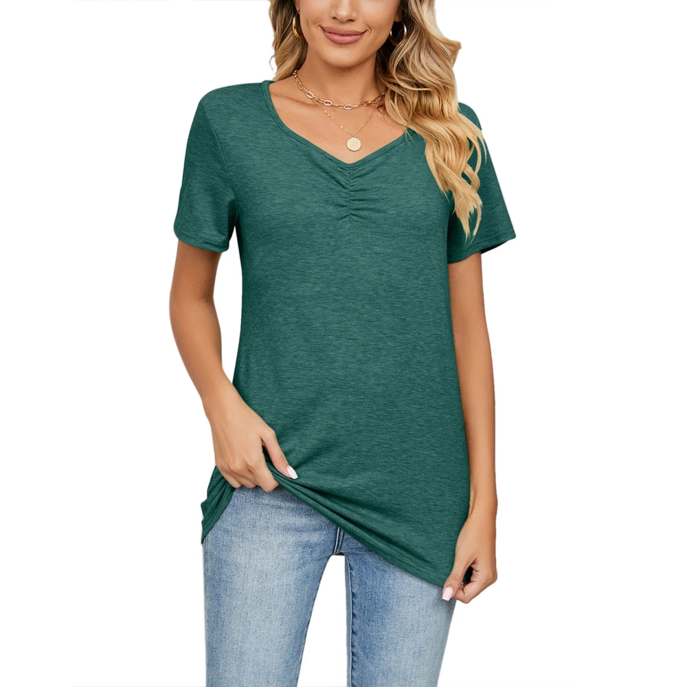 Women V Neck Short Sleeve Tops Casual Fashionable Pure Color Pleated Women Summer T Shirts for Daily Travel Office Dark Green L