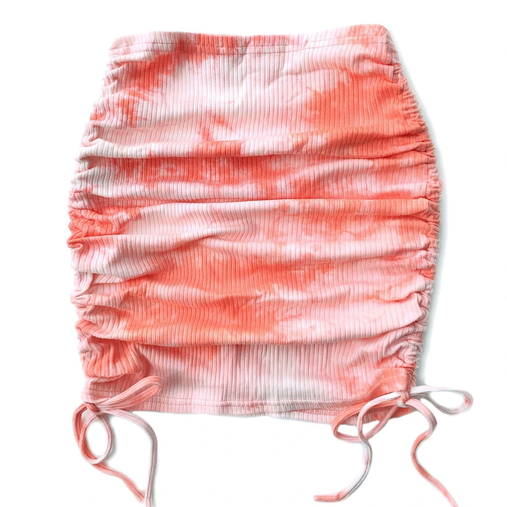 Ruched Ribbed Bodycon Skirt Tie Dye Elastic Side Drawstring Ruched Bodycon Skirt for Women Dating Pink S