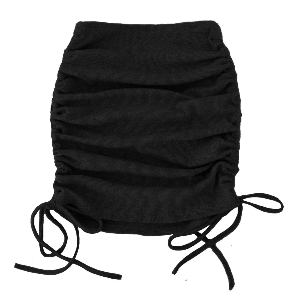 Women Ribbed Side Drawstring Ruched Stretchy Bodycon Pure Color Pencil Short Skirt Black XL