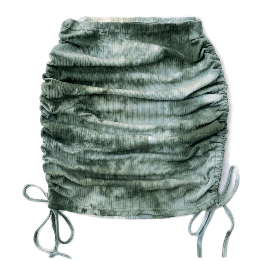 Ruched Ribbed Bodycon Skirt Tie Dye Elastic Side Drawstring Ruched Bodycon Skirt for Women Dating Green L