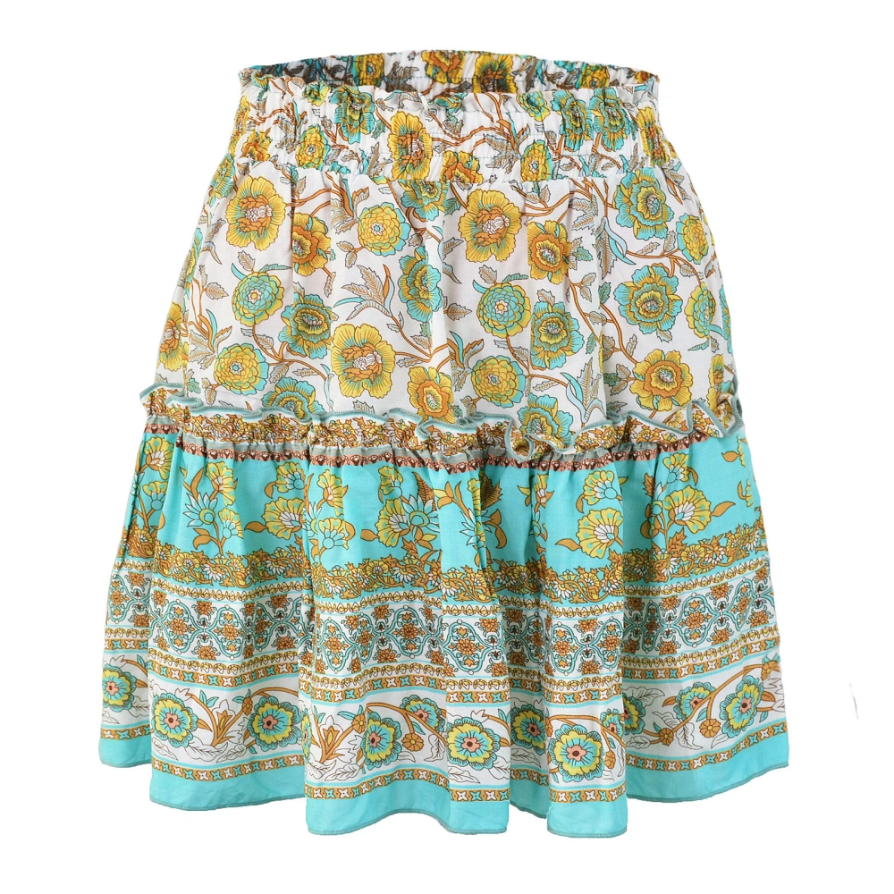 Women Ruffle Hem Skirt Floral Printed Elastic Ethnic Short Skirt For Summer Spring Autumn Sky Blue XL