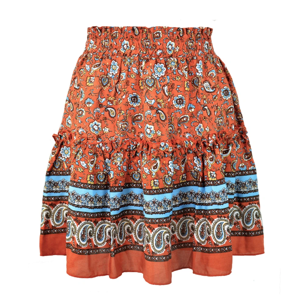 Women Ruffle Hem Skirt Floral Printed Elastic Ethnic Short Skirt For Summer Spring Autumn Jujube Red L