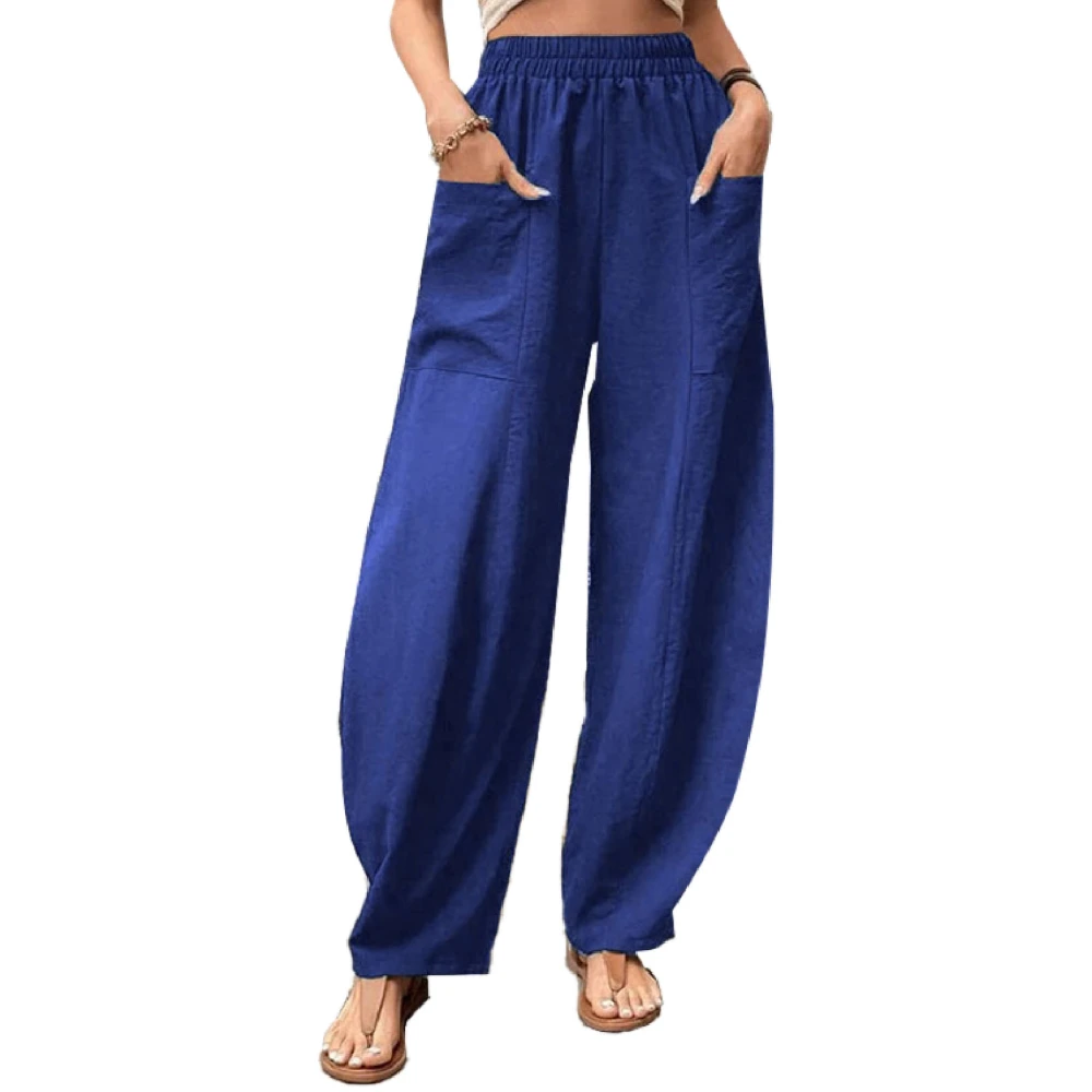 Women Wide Leg Pants Elastic Waist Pure Color Lady Casual Trousers with Pockets for Daily Work Shopping Blue S