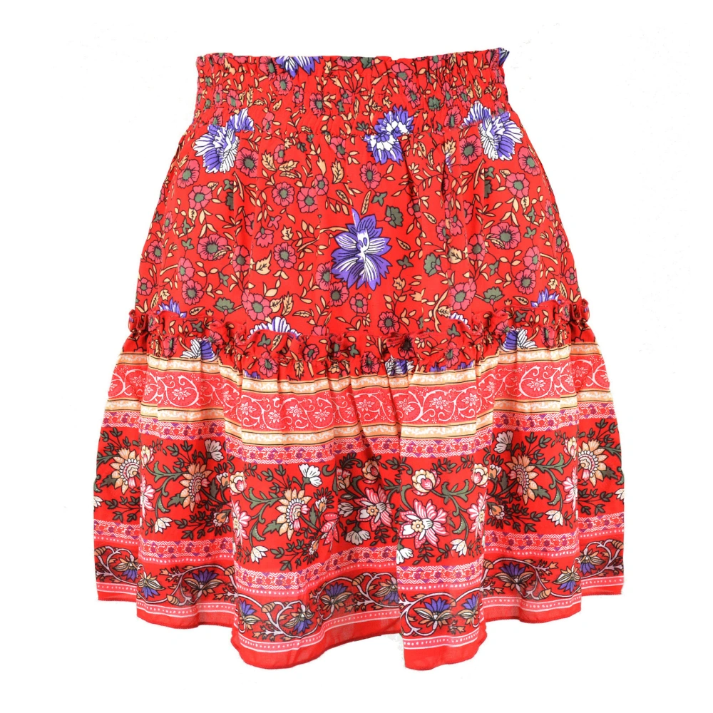 Women Ruffle Hem Skirt Floral Printed Elastic Ethnic Short Skirt For Summer Spring Autumn Red M