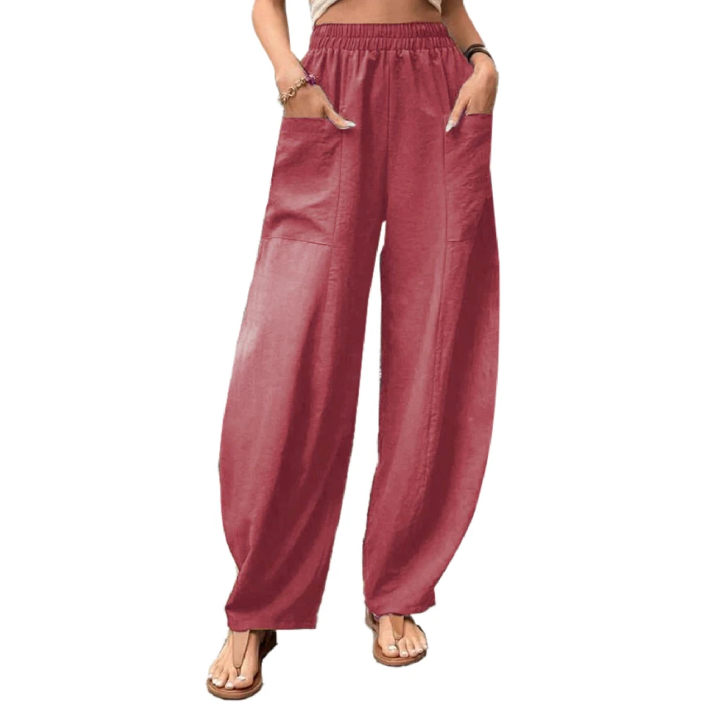 Women Wide Leg Pants Elastic Waist Pure Color Lady Casual Trousers with Pockets for Daily Work Shopping Rouge XL