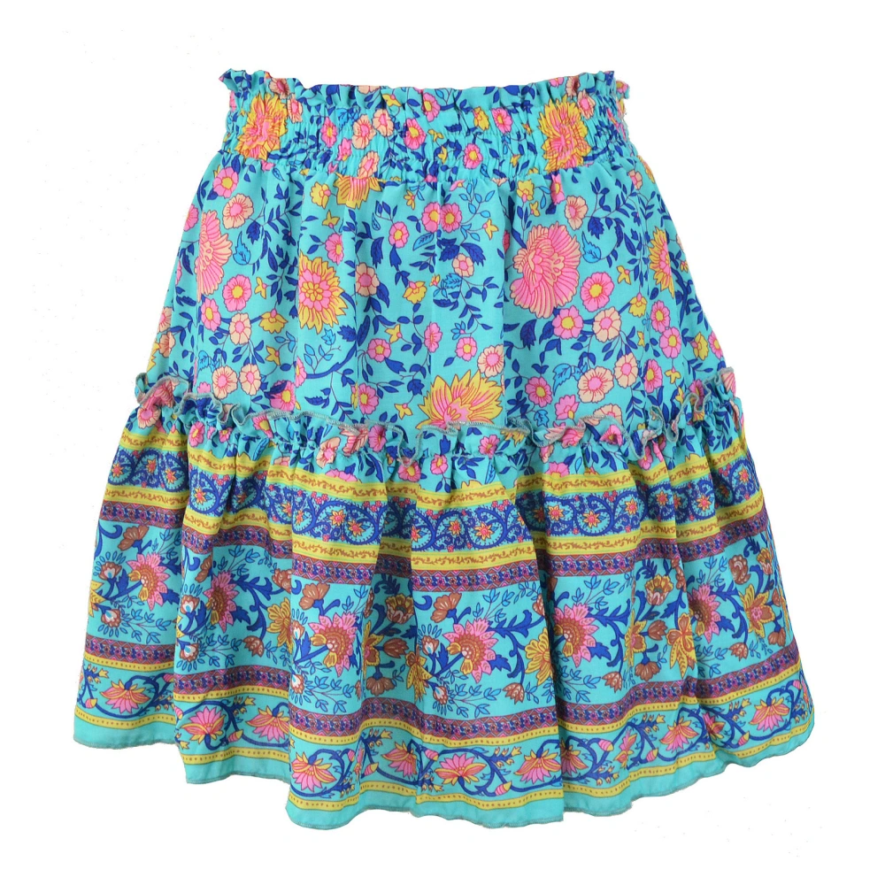 Women Ruffle Hem Skirt Floral Printed Elastic Ethnic Short Skirt For Summer Spring Autumn Blue XL