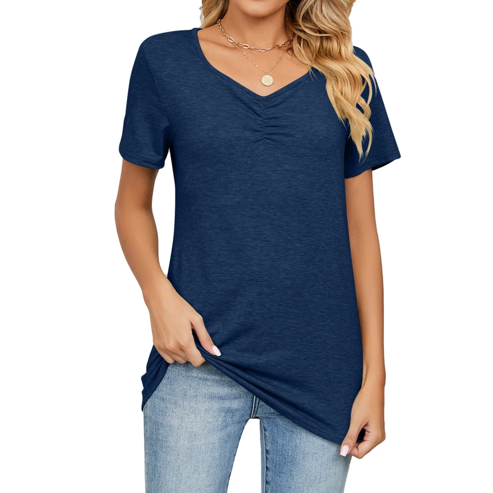 Women V Neck Short Sleeve Tops Casual Fashionable Pure Color Pleated Women Summer T Shirts for Daily Travel Office Navy Blue L