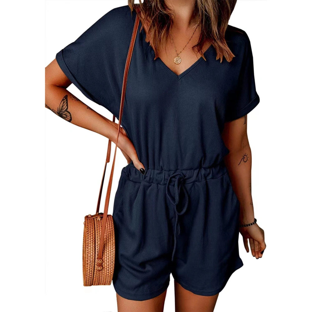 Women Jumpsuit Short Sleeve V Neck Pure Color Waist Tie with Pocket for Summer Office L Purplish Blue