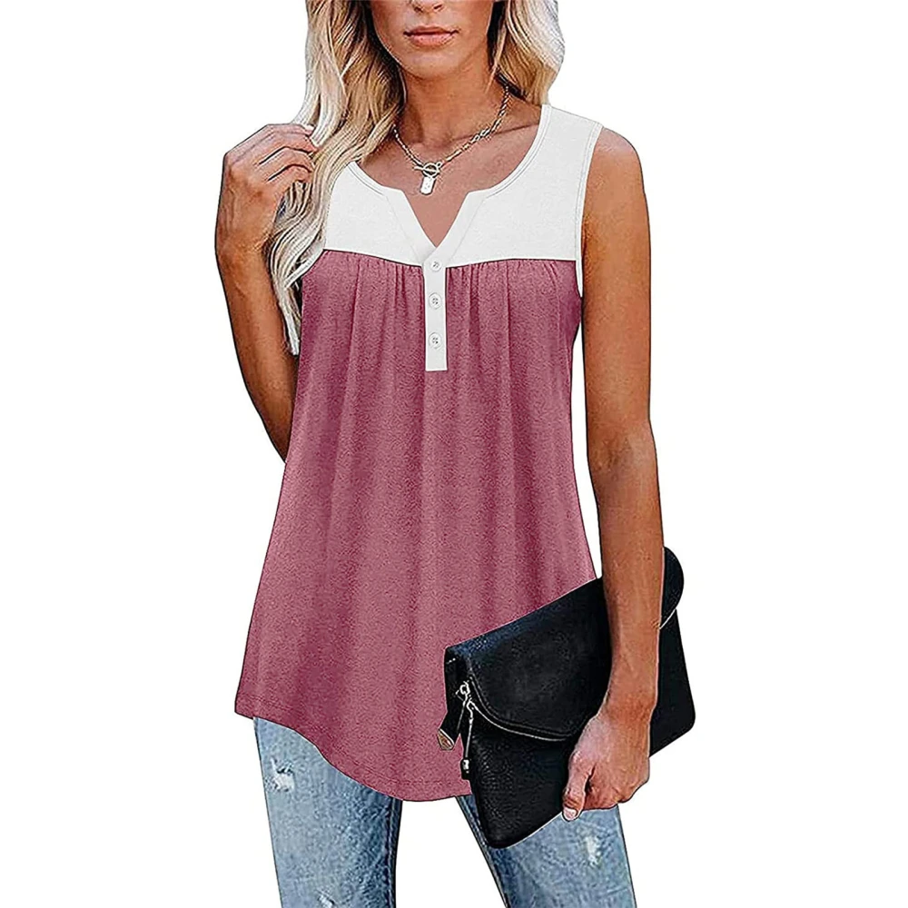 Summer Top V Neck Sleeveless Loose Hem Stitching Comfortable Casual Women Blouse for Work Office Pink XL