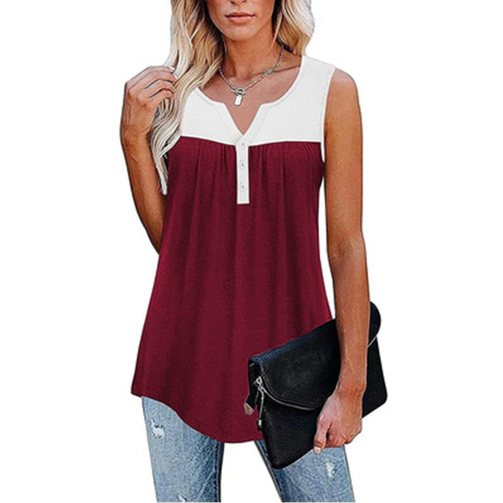 Summer Top V Neck Sleeveless Loose Hem Stitching Comfortable Casual Women Blouse for Work Office Wine Red XXL