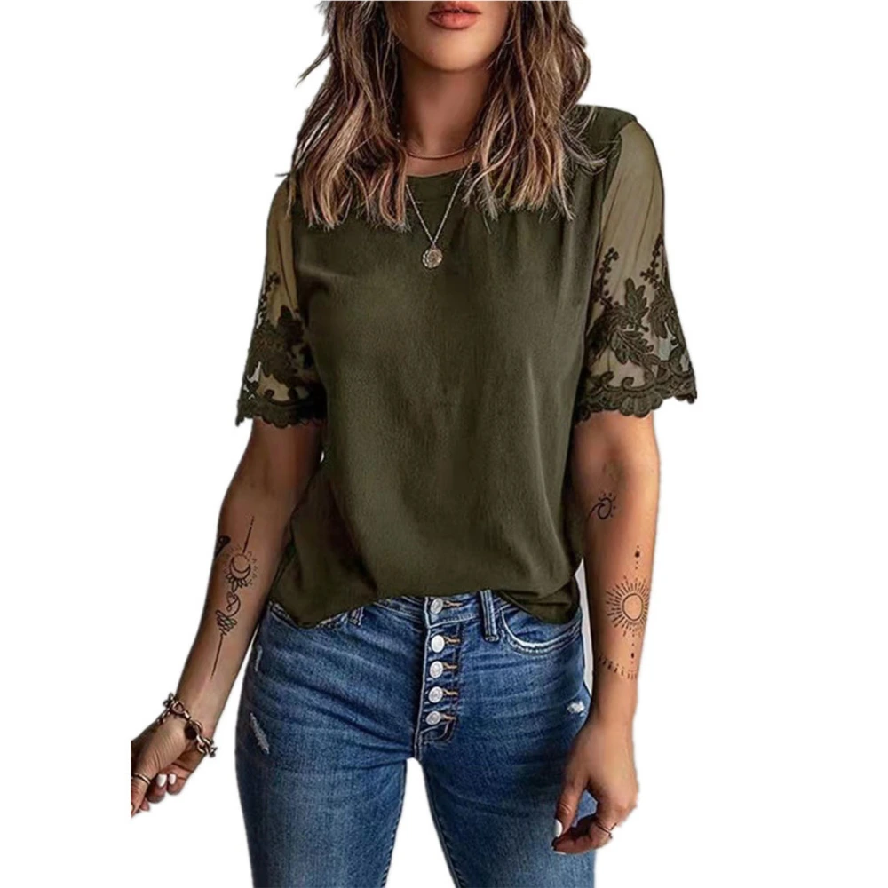 Women Short Sleeve Lace T Shirt Pure Color Fashionable Round Neck Plain Color Crewneck Lace Sleeve Blouse OD Green L