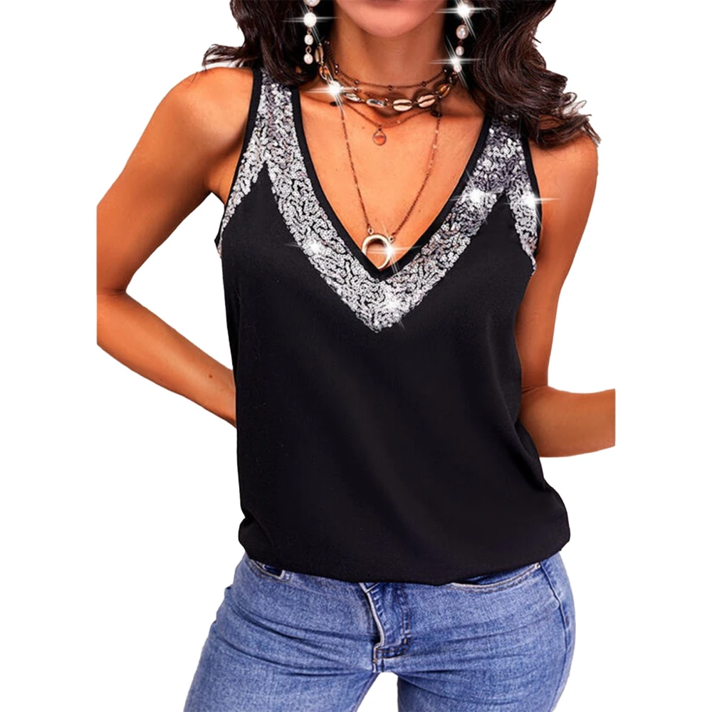 Women Tank Top V Neck Sleeveless Sequin Decoration Casual Cool Summer Sleeveless T Shirt Black L