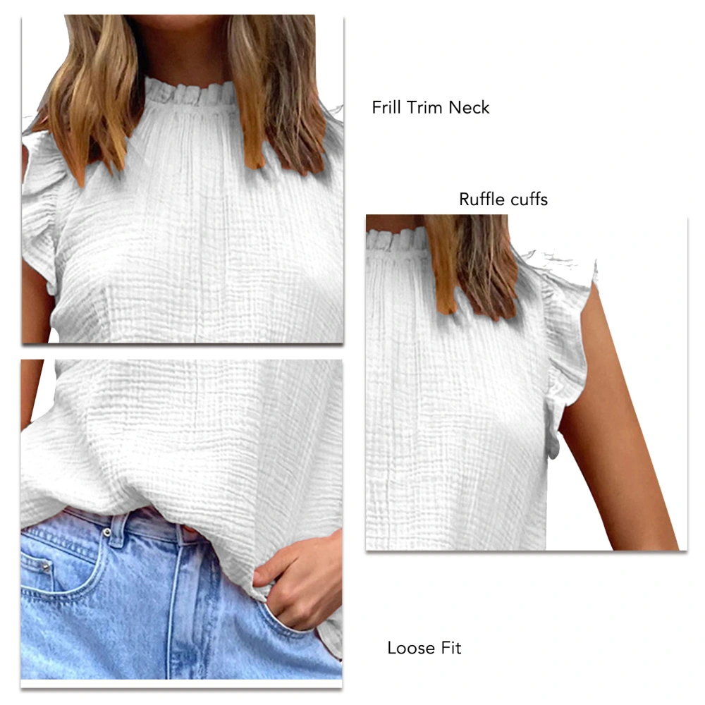 Sleeveless Top Frill Trim Neck Ruffle Design Pure Color Loose Fit Women Casual Blouse for Daily Travel Dating White S