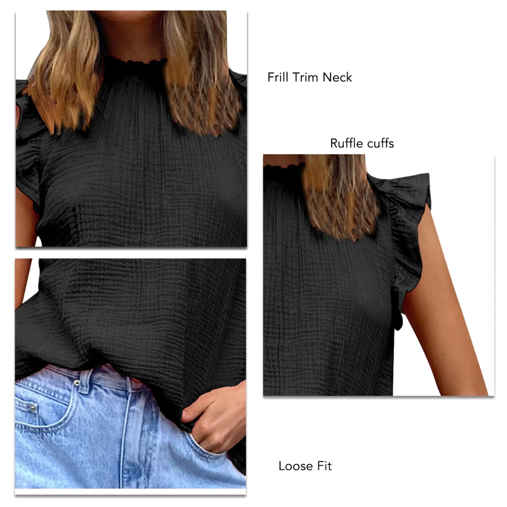 Sleeveless Top Frill Trim Neck Ruffle Design Pure Color Loose Fit Women Casual Blouse for Daily Travel Dating Black M