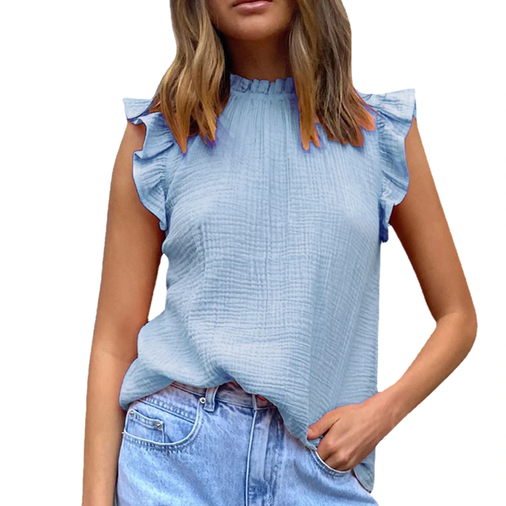 Sleeveless Top Frill Trim Neck Ruffle Design Pure Color Loose Fit Women Casual Blouse for Daily Travel Dating Blue S