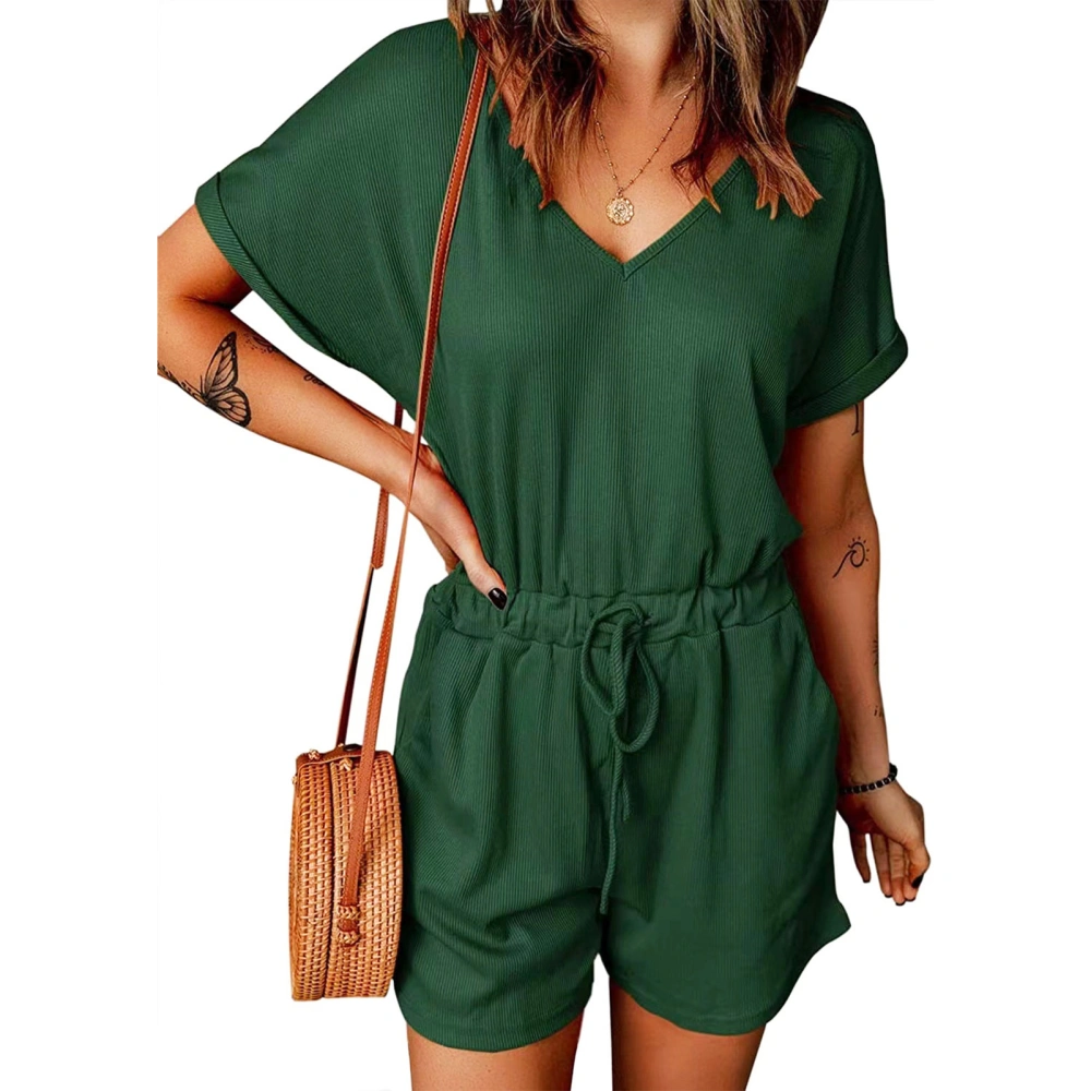 Women Jumpsuit Short Sleeve V Neck Pure Color Waist Tie with Pocket for Summer Office S Green