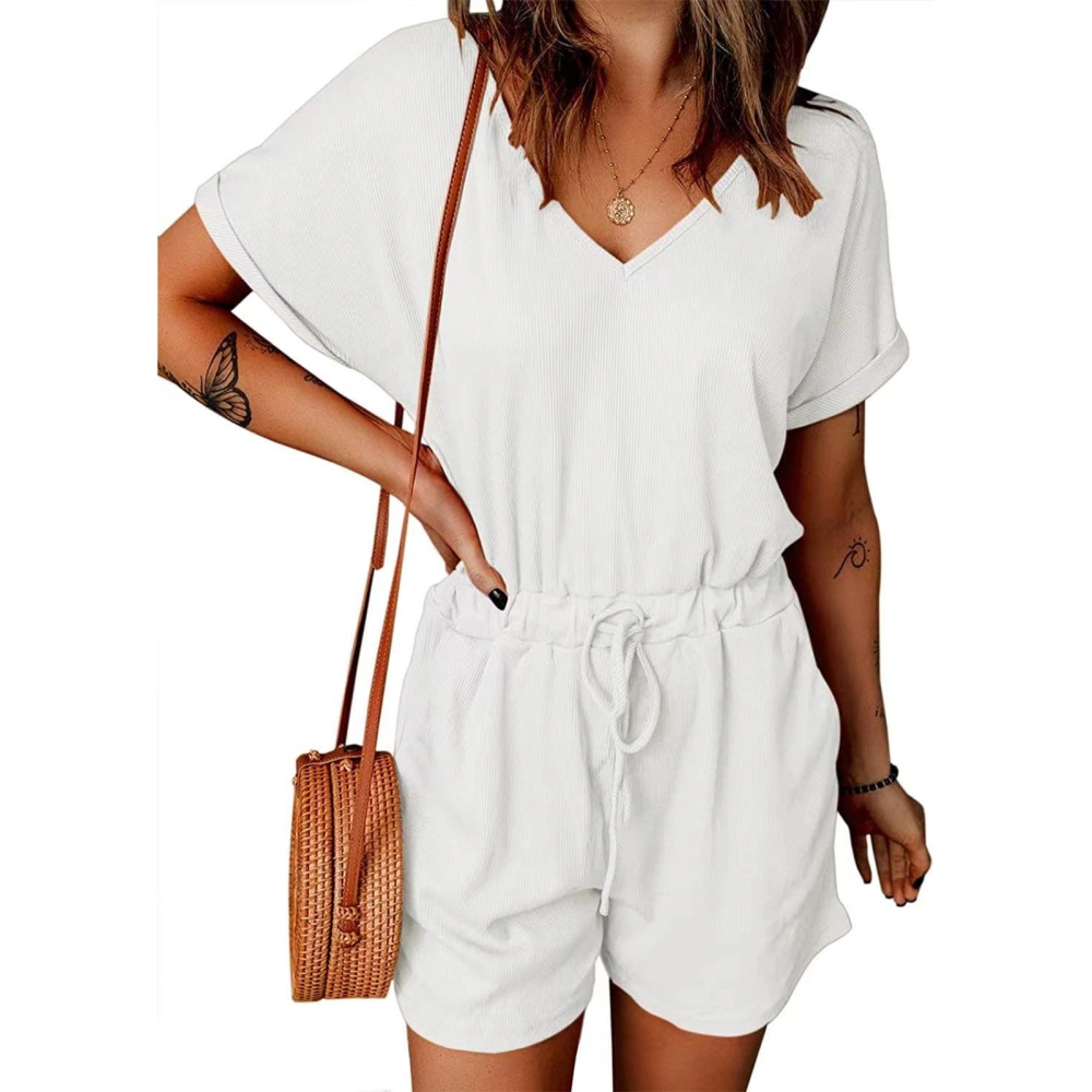 Women Jumpsuit Short Sleeve V Neck Pure Color Waist Tie with Pocket for Summer Office L White