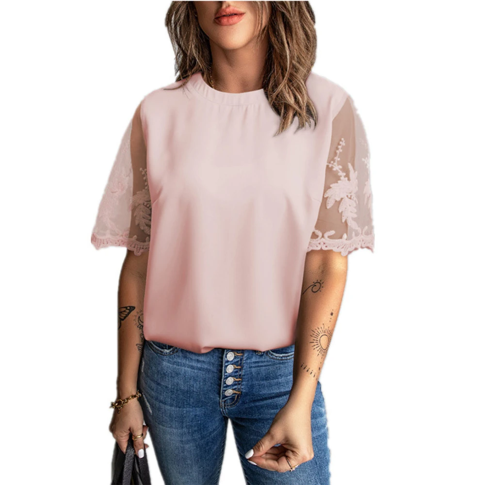 Women Short Sleeve Lace T Shirt Pure Color Fashionable Round Neck Plain Color Crewneck Lace Sleeve Blouse Pink M