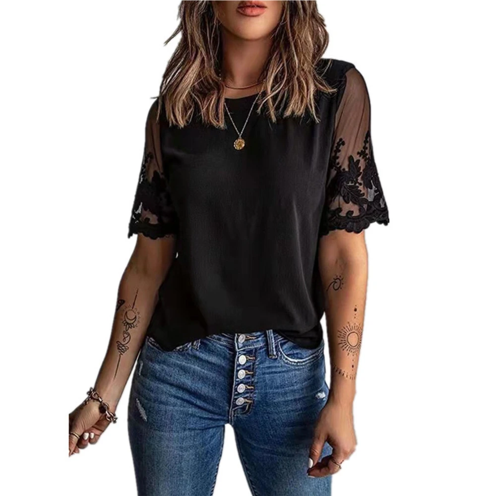 Women Short Sleeve Lace T Shirt Pure Color Fashionable Round Neck Plain Color Crewneck Lace Sleeve Blouse Black M