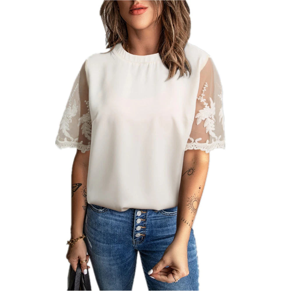 Women Short Sleeve Lace T Shirt Pure Color Fashionable Round Neck Plain Color Crewneck Lace Sleeve Blouse White XXL