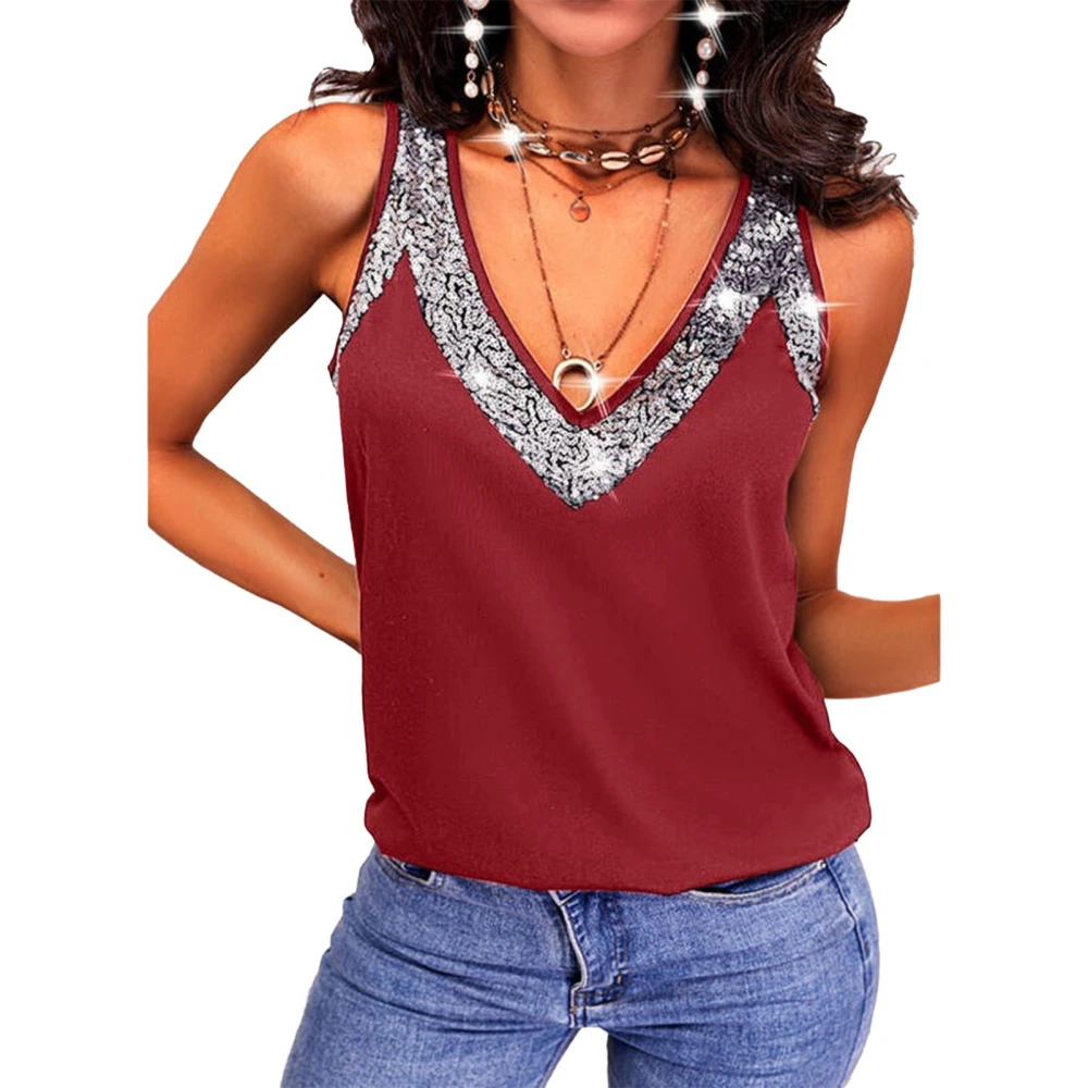 Women Tank Top V Neck Sleeveless Sequin Decoration Casual Cool Summer Sleeveless T Shirt Red S