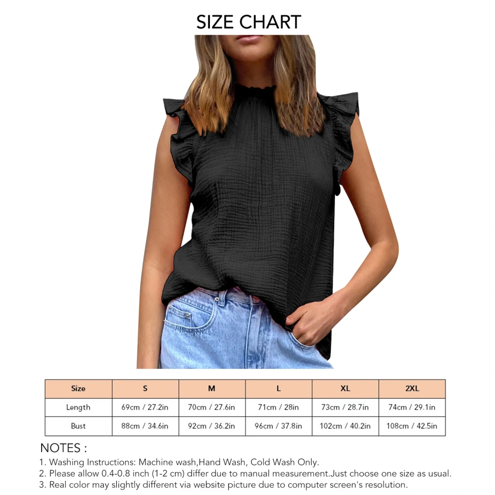 Sleeveless Top Frill Trim Neck Ruffle Design Pure Color Loose Fit Women Casual Blouse for Daily Travel Dating Black S