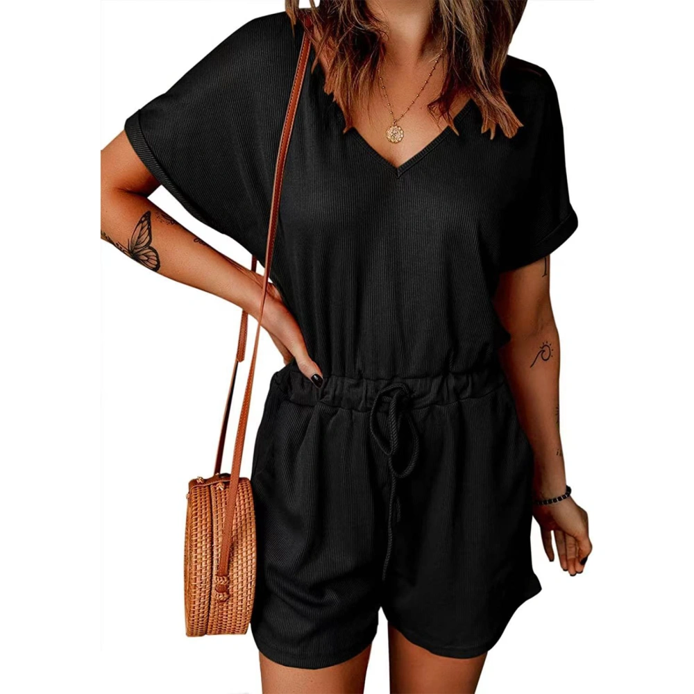 Women Jumpsuit Short Sleeve V Neck Pure Color Waist Tie with Pocket for Summer Office S Black