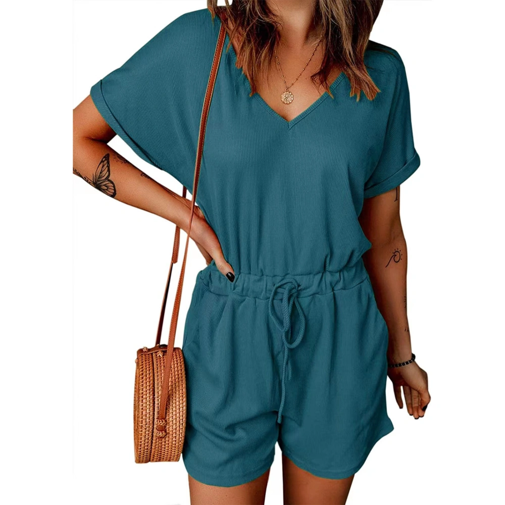 Women Jumpsuit Short Sleeve V Neck Pure Color Waist Tie with Pocket for Summer Office M Lake Blue