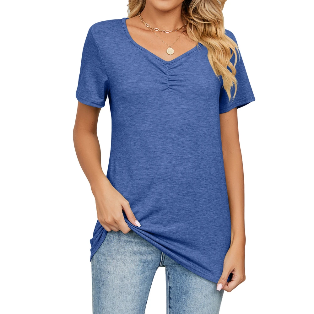 Women V Neck Short Sleeve Tops Casual Fashionable Pure Color Pleated Women Summer T Shirts for Daily Travel Office Fancy Blue M