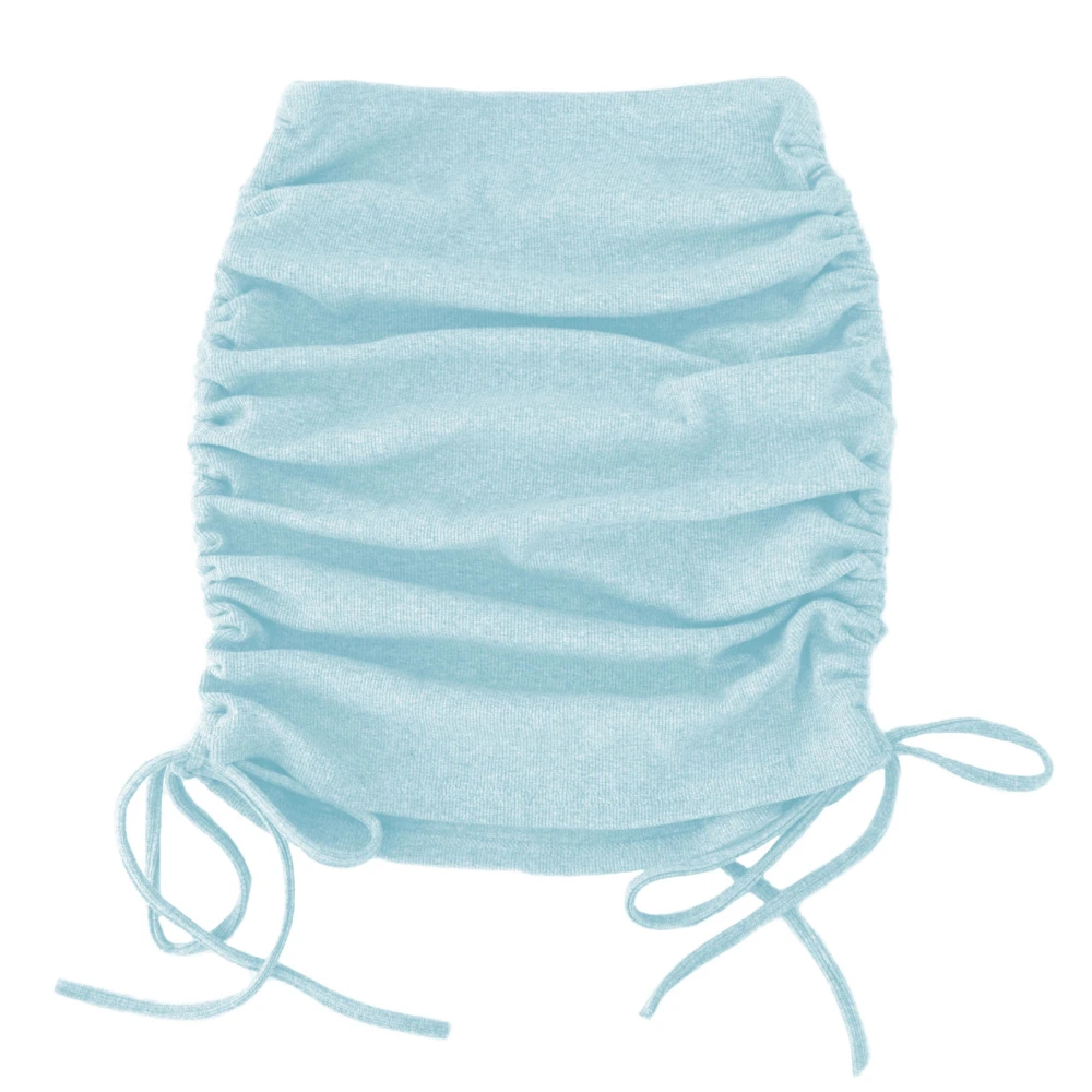 Women Ribbed Side Drawstring Ruched Stretchy Bodycon Pure Color Pencil Short Skirt Light Blue XL