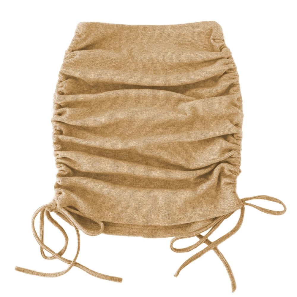 Women Ribbed Side Drawstring Ruched Stretchy Bodycon Pure Color Pencil Short Skirt Khaki XL